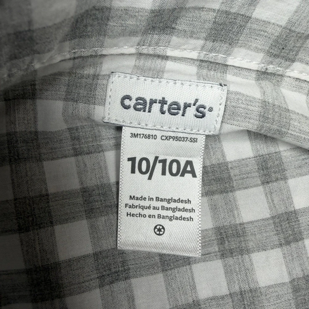Carter’s Boys Button Down Long Sleeve Shirt Size 10 Gray And White Check